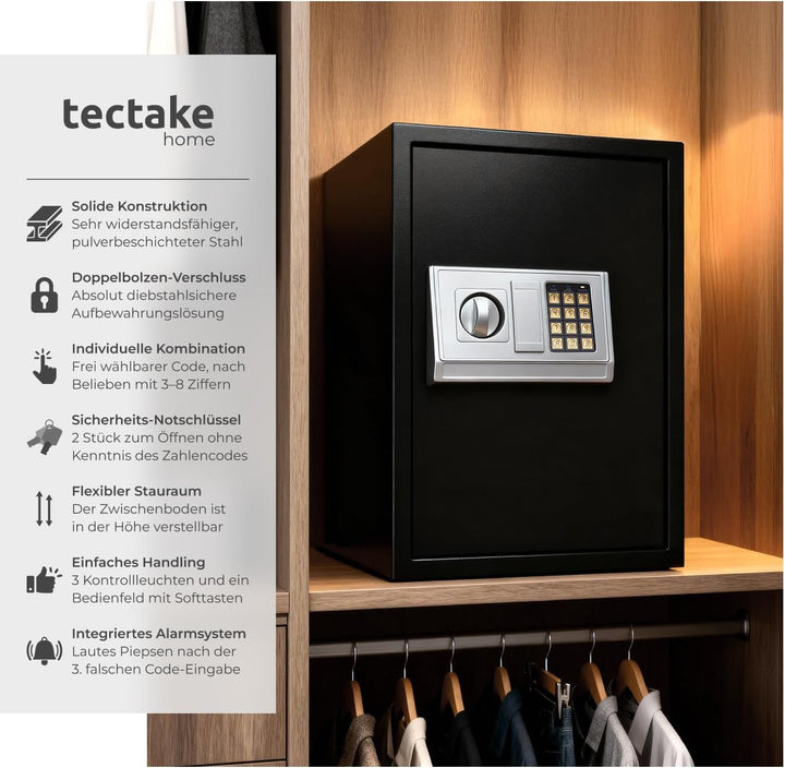 tectake® elektronischer Safe, Tresor für Zuhause, mit Sicherheitscode, mit Schloss und Notfall Schlü