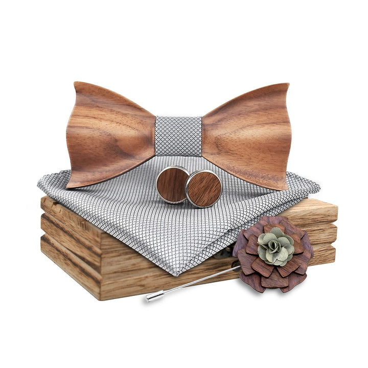 Mr.Van Holzfliege Klassische Set Fliege Herren,Holzfliege, Holz Manschettenknöpfe, Holzbrosche, Eins