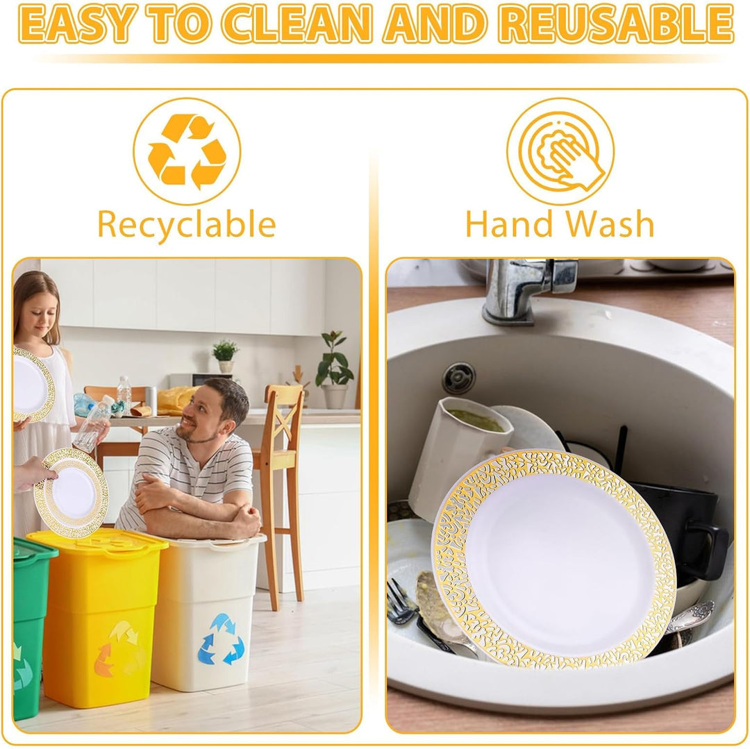 AKOLAFE 50 Weisse Plastikteller mit Goldrand, 2 Grössen Mehrweg Kunststoffteller 19cm und 26cm Stabi