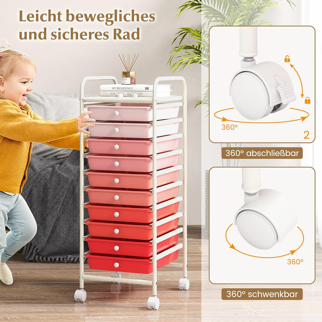 COSTWAY Rollwagen mit Schubladen Rollcontainer Badrollwagen Badtrolley Badregal Beistellwagen mit 10