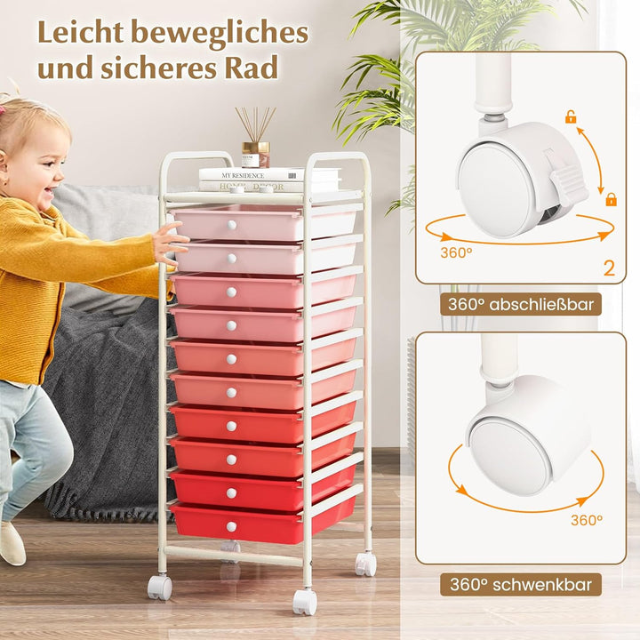 COSTWAY Rollwagen mit Schubladen Rollcontainer Badrollwagen Badtrolley Badregal Beistellwagen mit 10