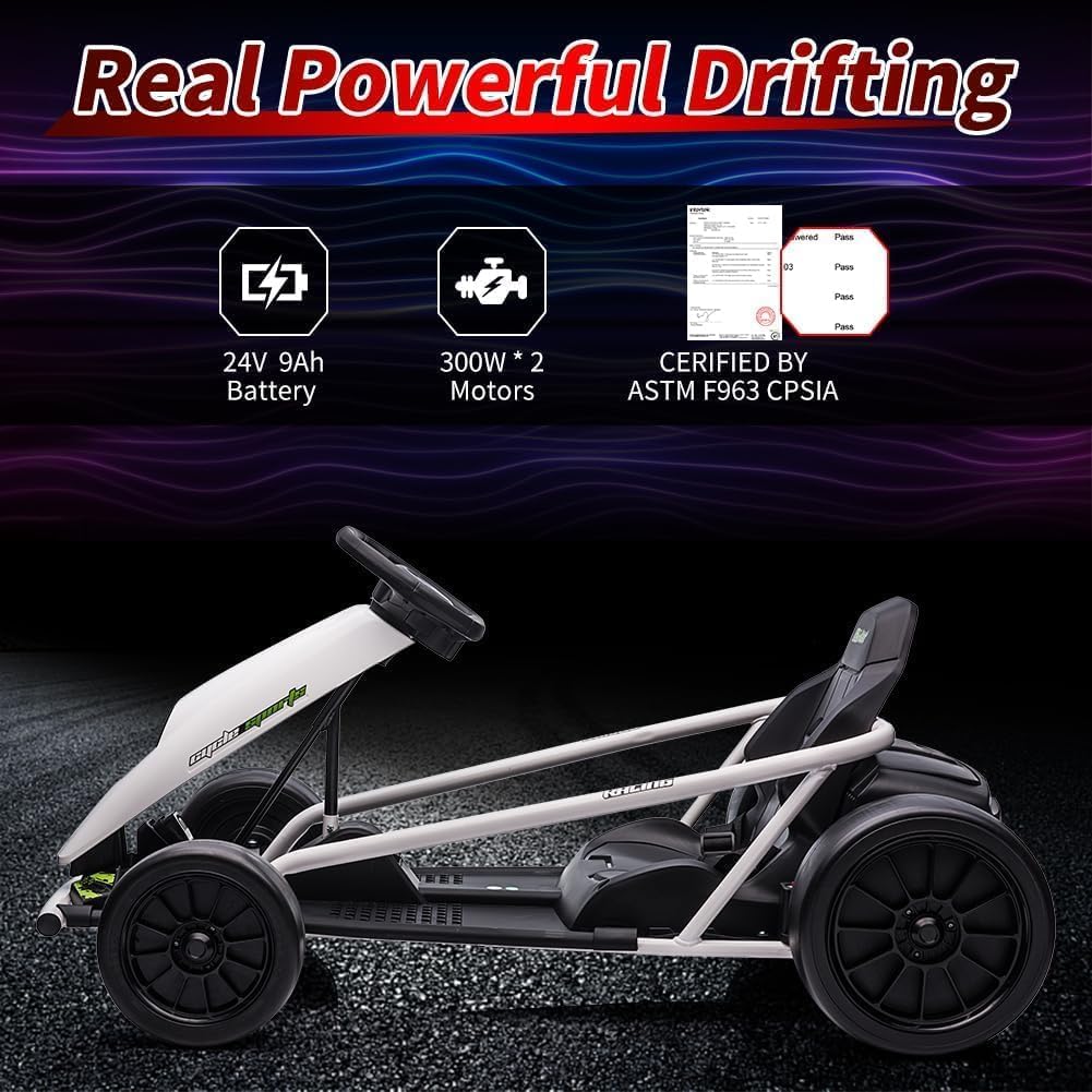 Elektrisches Go-Kart Weiss 24V für Kinder, Drift Kart mit 2×12V 9Ah Akku, Verstellbarem Sitz, Vor- u