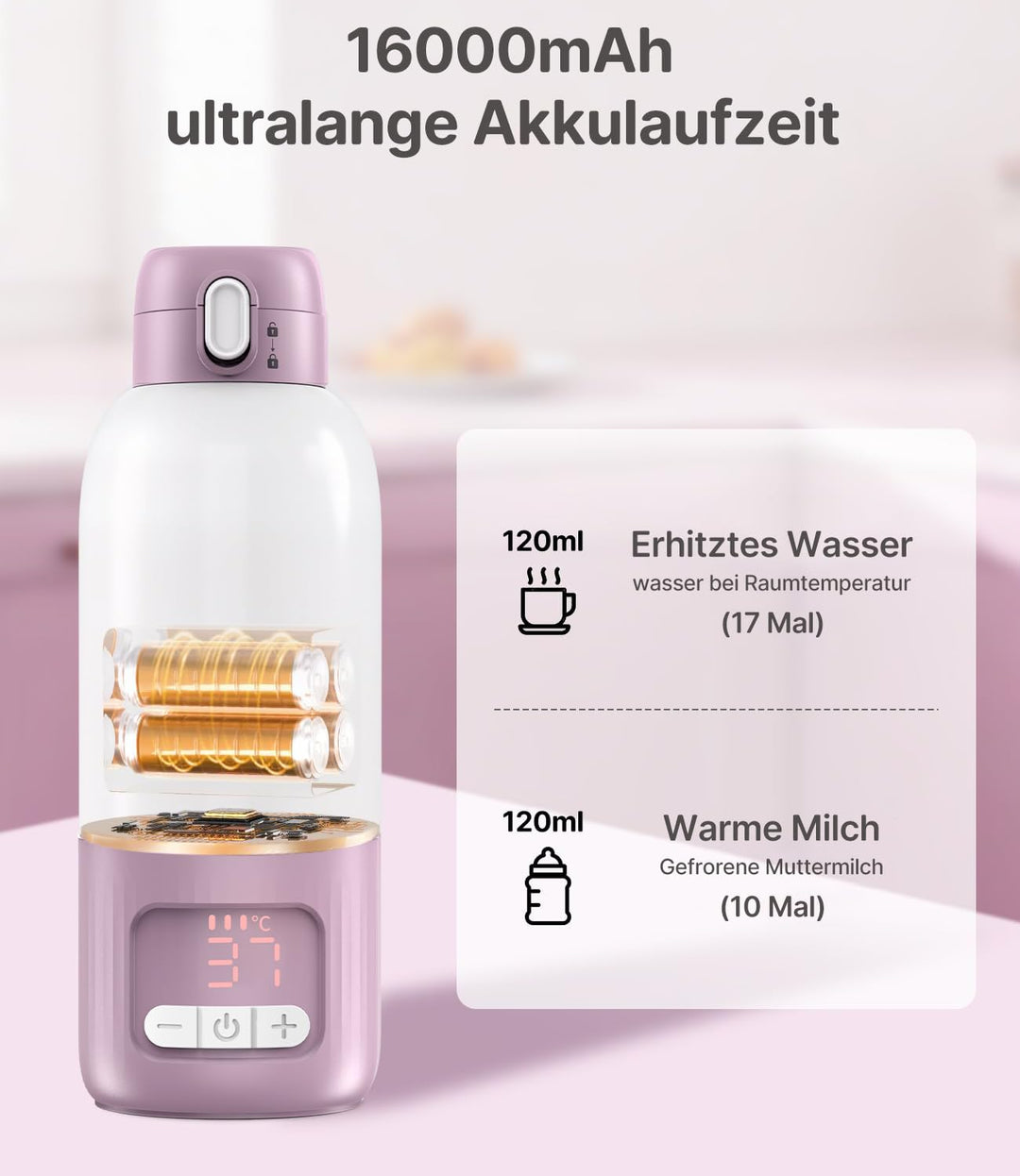 Tragbarer Baby Flaschenwärmer für Unterwegs, Pasteurisier-Funktion + 500ml Kapazität + 16000mAh-Akku