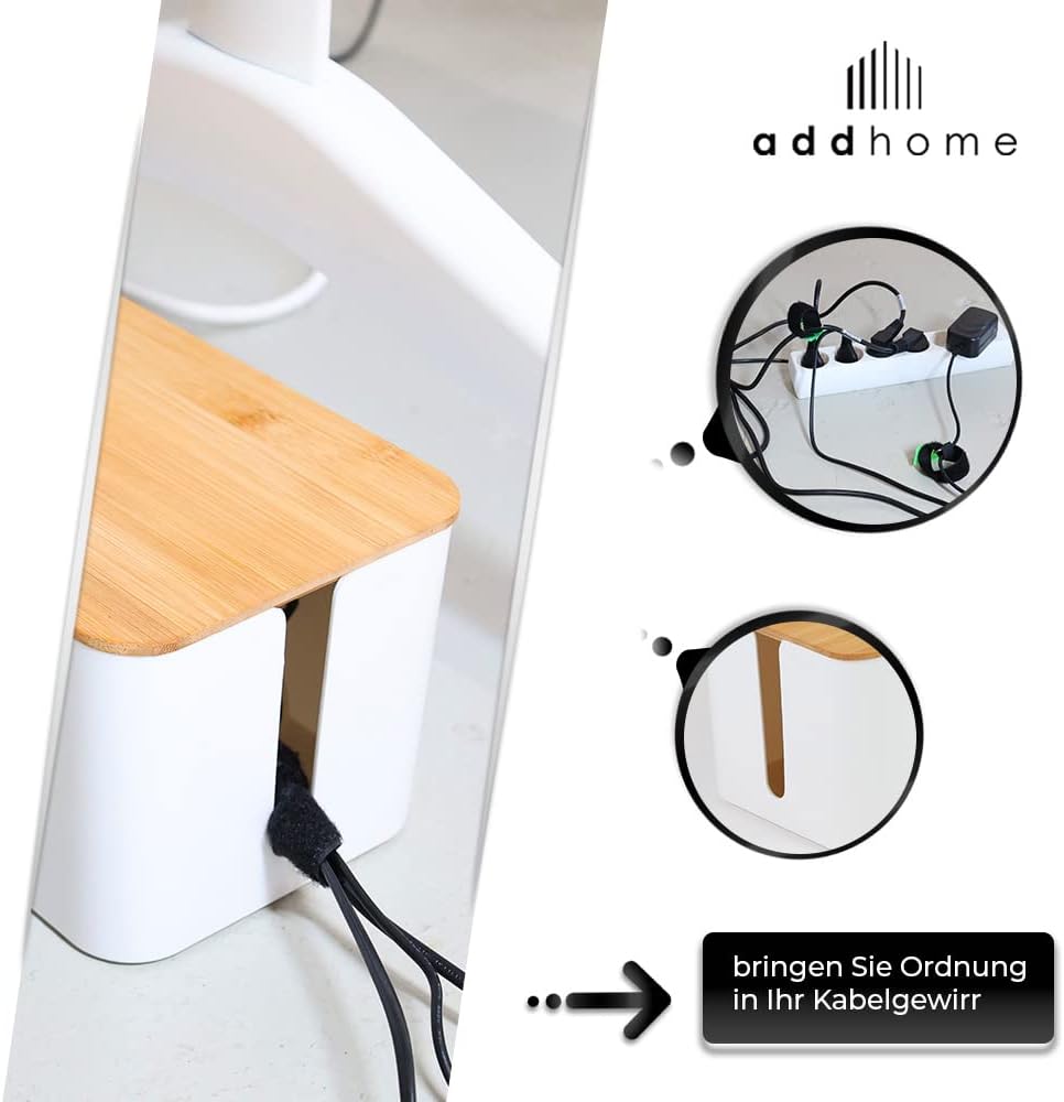 addhome Kabelbox 2er Set | Kabelchaos ordnen mit Stil | Weisser ABS-Kunststoff und Bambusdeckel | pa