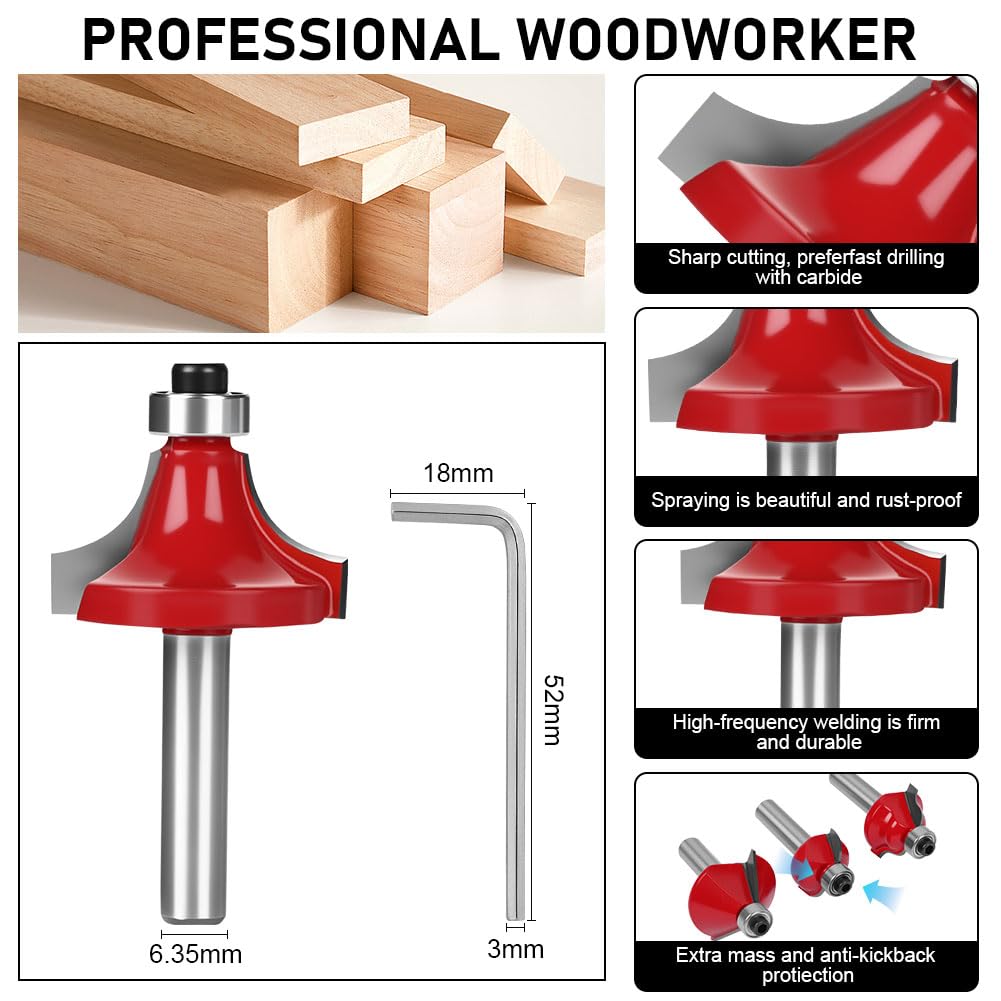 flintronic Fräser-Set, 6.35MM Fräsen Werkzeug Set, 15-tlg Holzkoffer Geschmiedeter Werkzeugstahl Obe