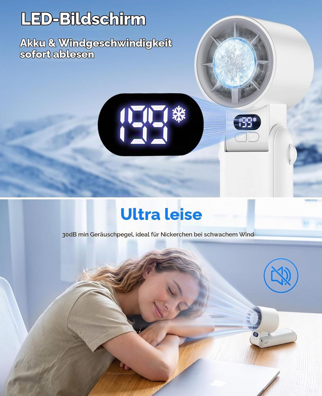 MoKo Handventilator mit Kühlplatte, 6000 mAh, 13000 RPM, 199 Stufen | Mini Ventilator und Kühlventil