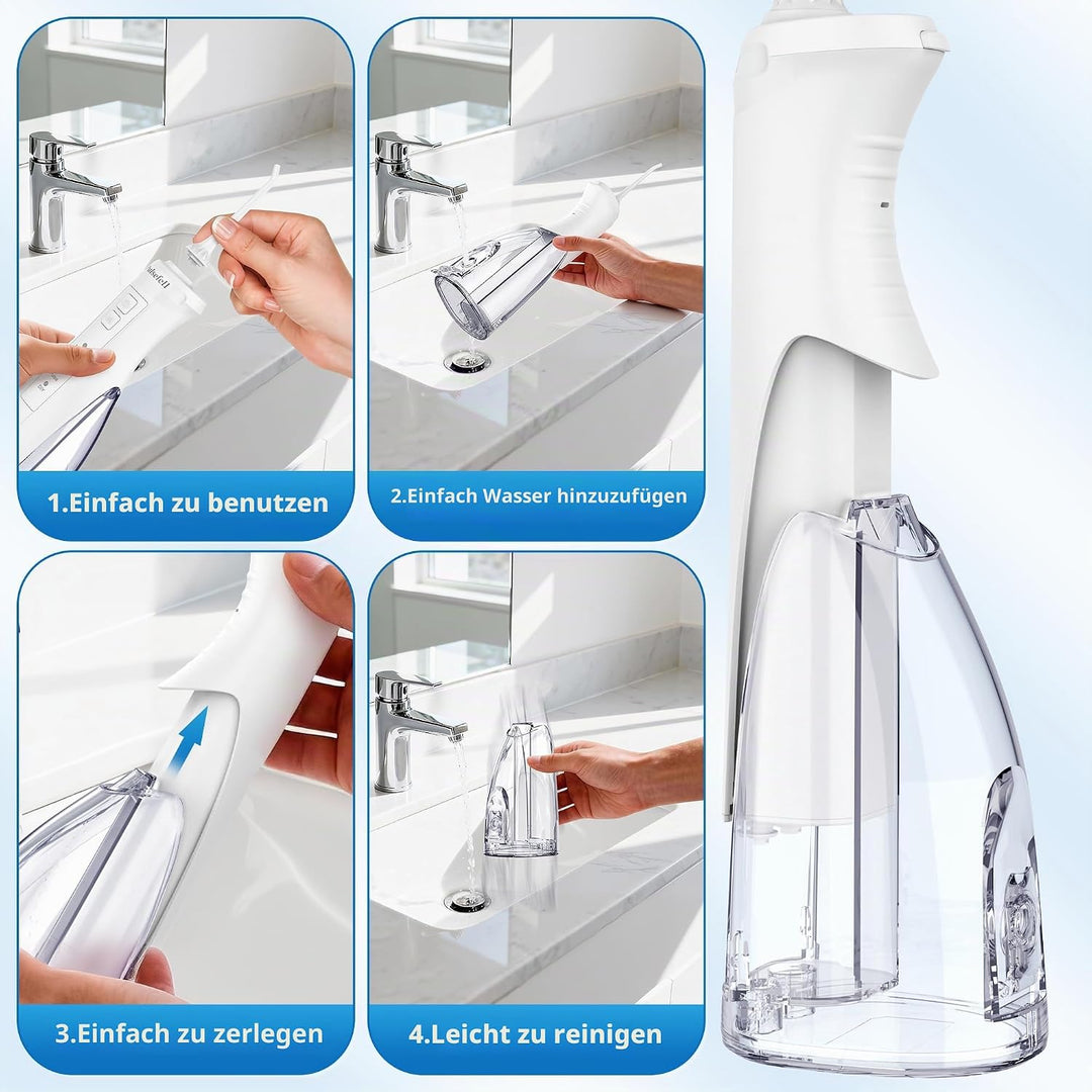 Oral Irrigator Professionell Kabellos, 300 ML Wiederaufladbare Wasserzahnreiniger mit 4 Düsen und 4