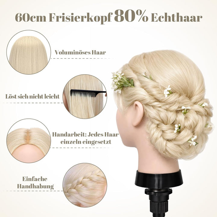 TwoWin Trainingsköpfe 70% Echtes Haar Blond Kosmetologie Puppe Kopf Friseur Training Modell Mannequi