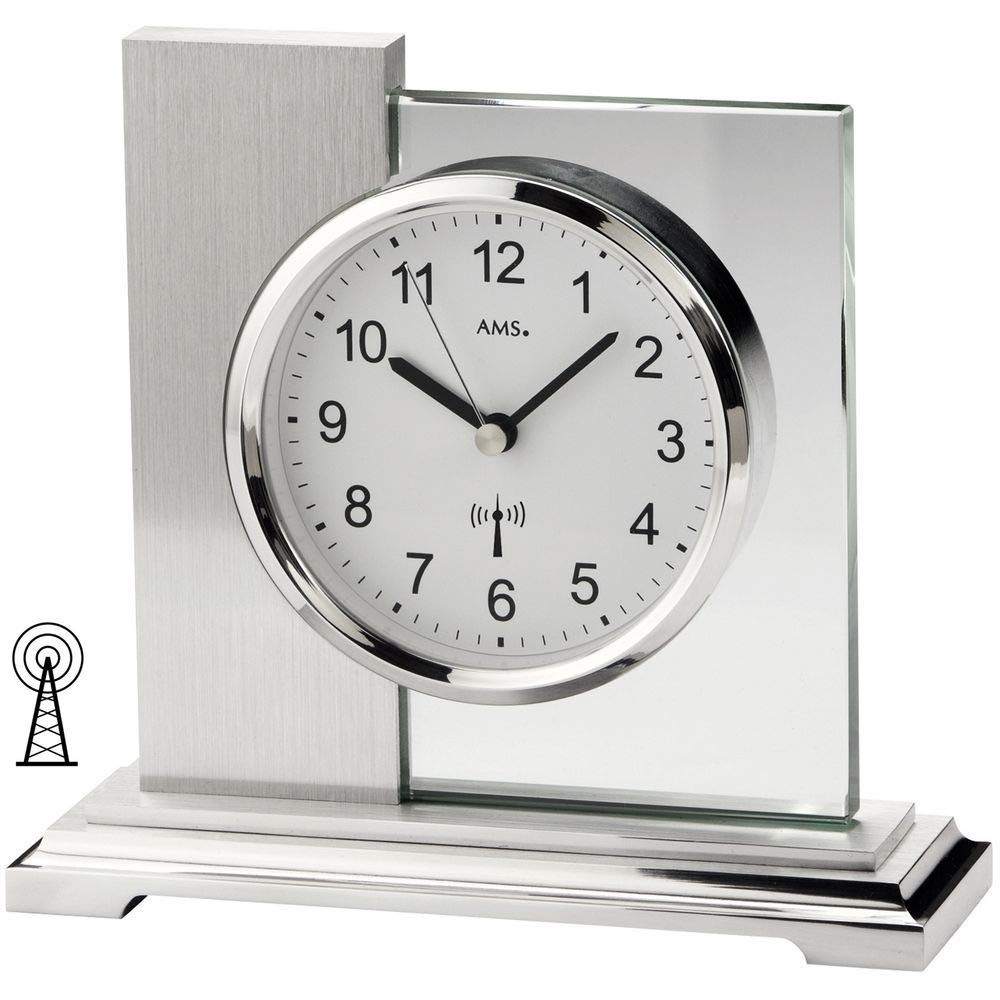 Funkuhr Tischuhr Funk silberfarbenes Metallgehäuse geschliffenes Mineralglas