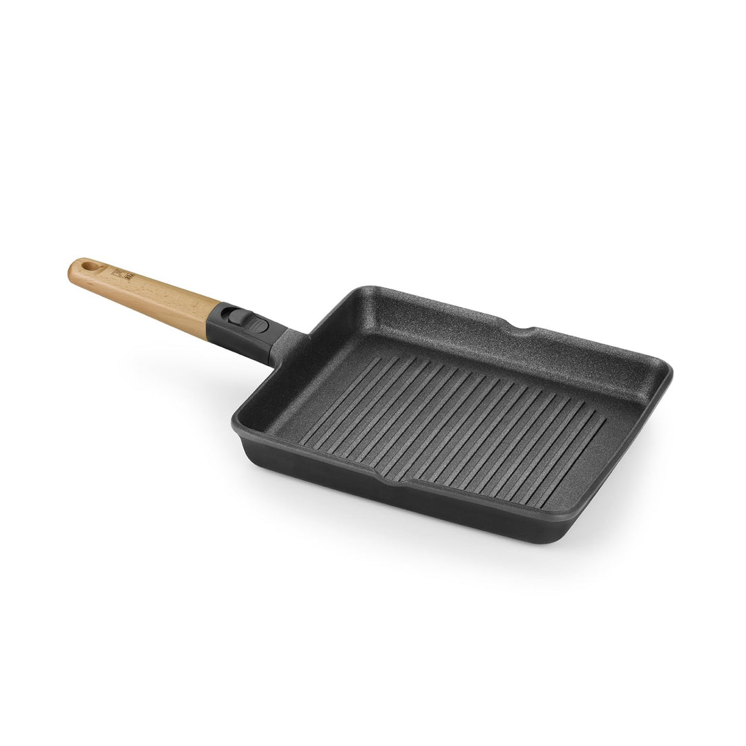 BRA MARKET Grillrost, 28 cm, Aluminiumguss, abnehmbarer Griff, Naturholz, dreischichtig, antihaftbes
