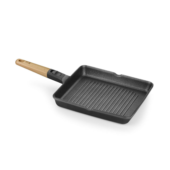 BRA MARKET Grillrost, 28 cm, Aluminiumguss, abnehmbarer Griff, Naturholz, dreischichtig, antihaftbes