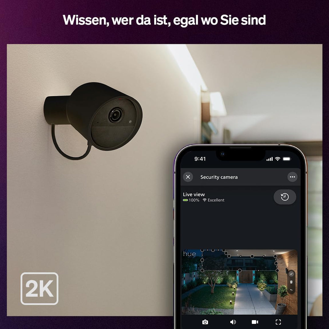 Philips Hue Secure kabelgebundene Überwachungskamera, Aussenkamera mit 2K-Auflösung, Videoüberwachun