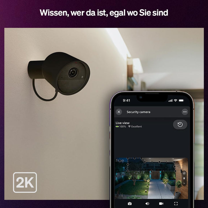 Philips Hue Secure kabelgebundene Überwachungskamera, Aussenkamera mit 2K-Auflösung, Videoüberwachun