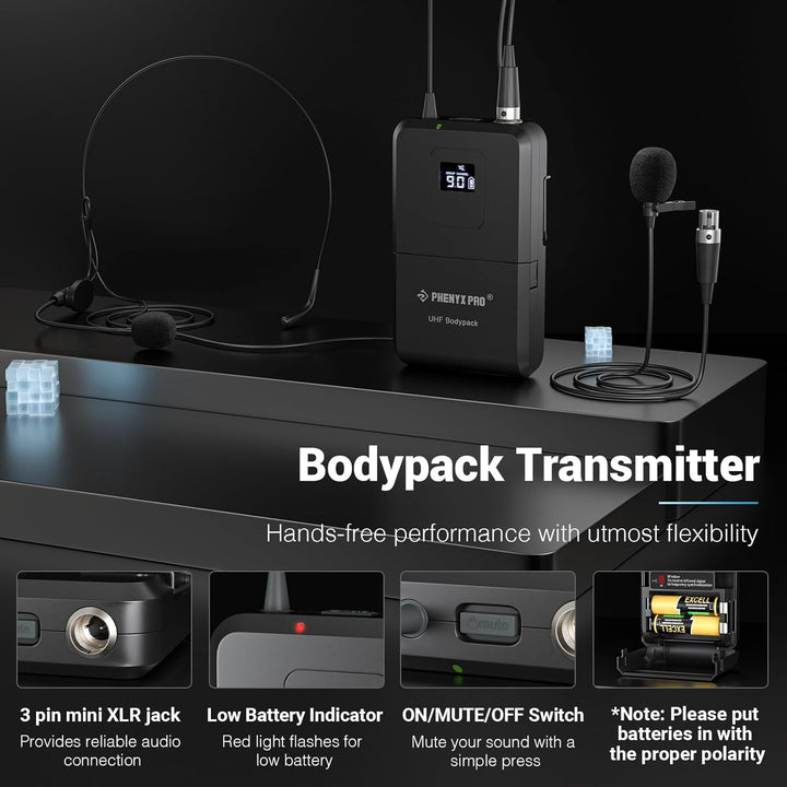 Phenyx Pro Wireless Mikrofon System mit Dual-Handheld-Funkmikrofon/Bodypack/Headset/Lapel-Mikrofon,