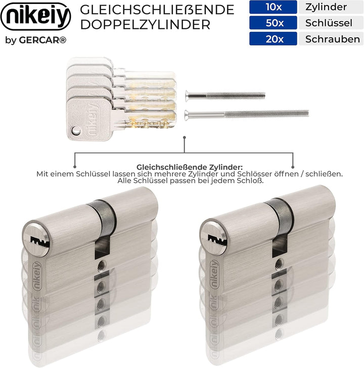 GERCAR Pro Gleichschliessend 10x Schliesszylinder 45/45 Set 10 Profilzylinder inkl. 50 Schlüssel - 9