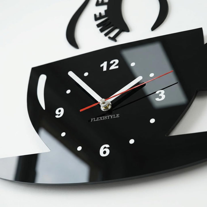 FLEXISTYLE Tasse Zeit für Kaffee Moderne Küche Wanduhr, schwarz, 3D römisch, wanduhr deko, Schwarz