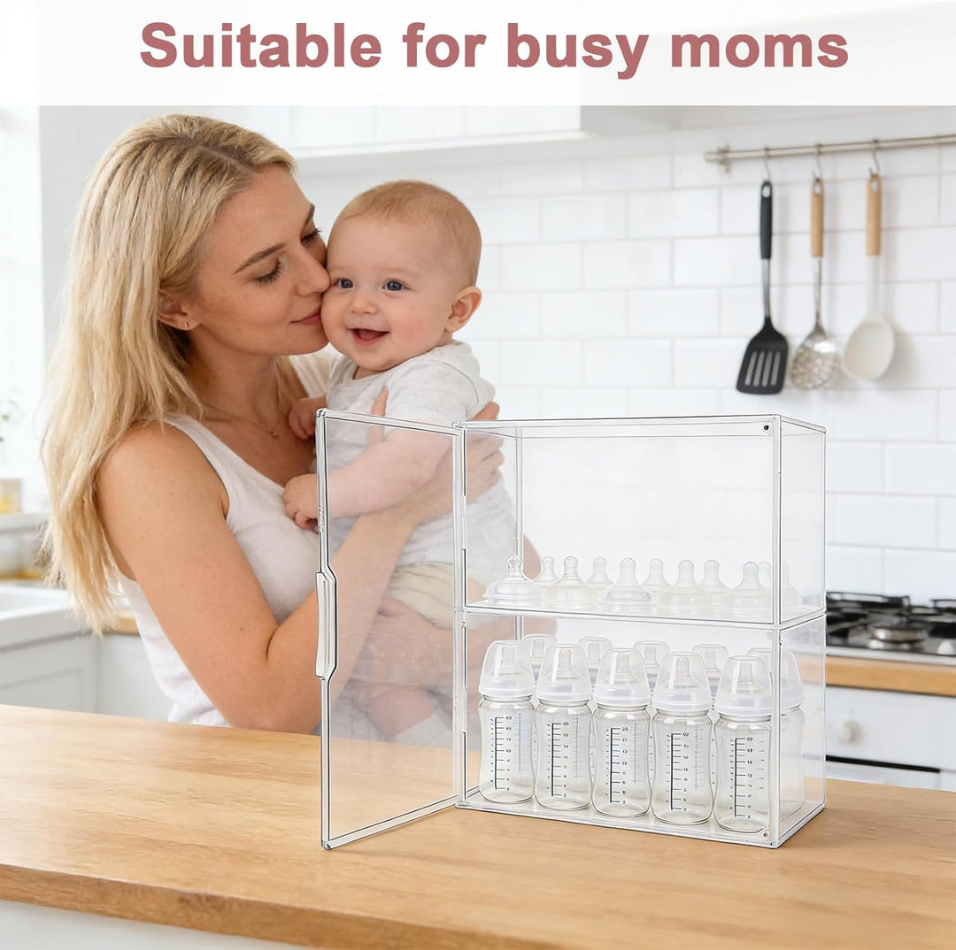 Babyflasche Organizer, 3-Etagen Klar Acryl Lagerung Box mit 2 Entfernbar Trennwände & Magnet Tür Gro