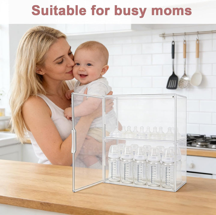 Babyflasche Organizer, 3-Etagen Klar Acryl Lagerung Box mit 2 Entfernbar Trennwände & Magnet Tür Gro