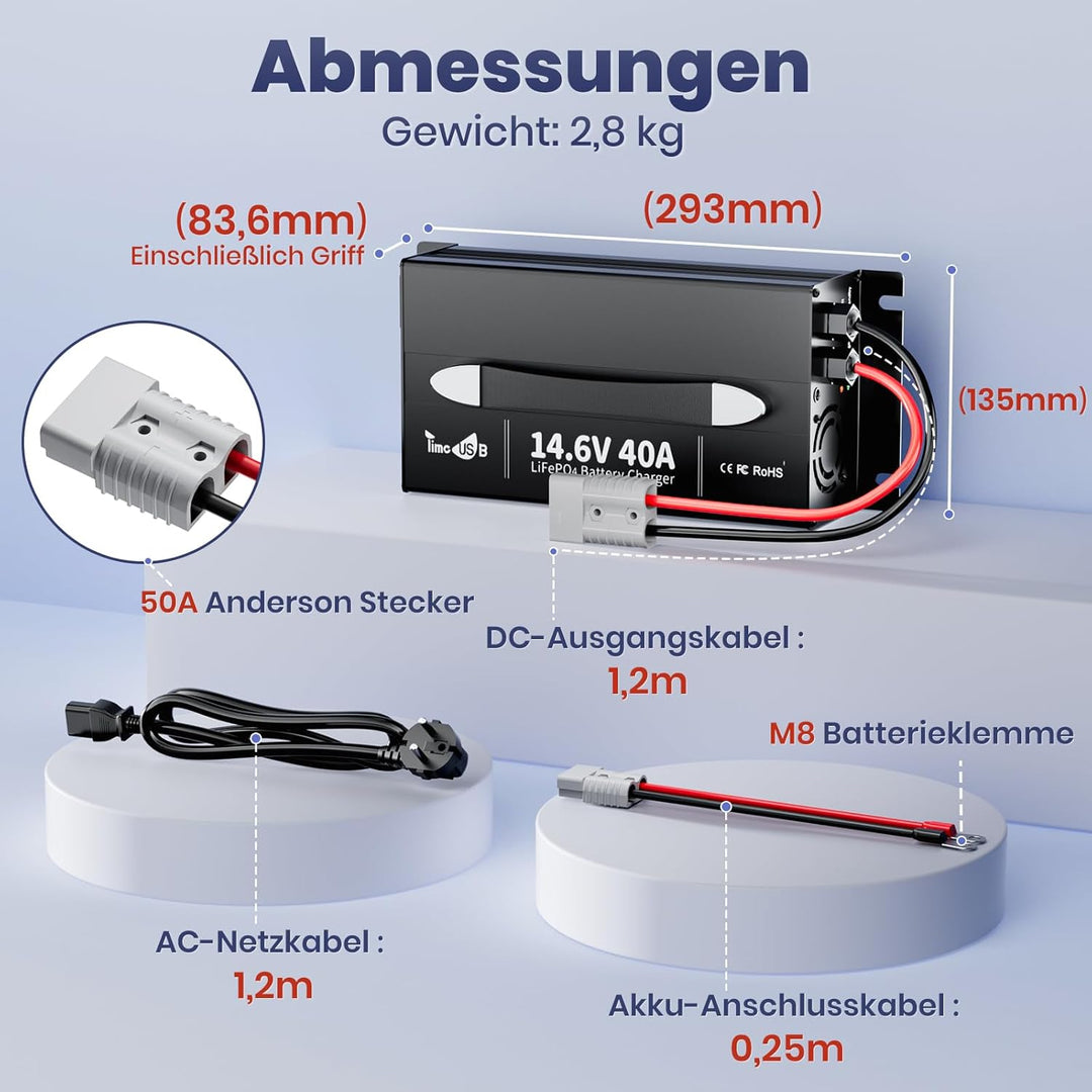 Timeusb 14,6V 40A LiFePO4 Batterieladegerät mit Anderson-Stecker für 12V LiFePO4 Batterien, 40A Schn
