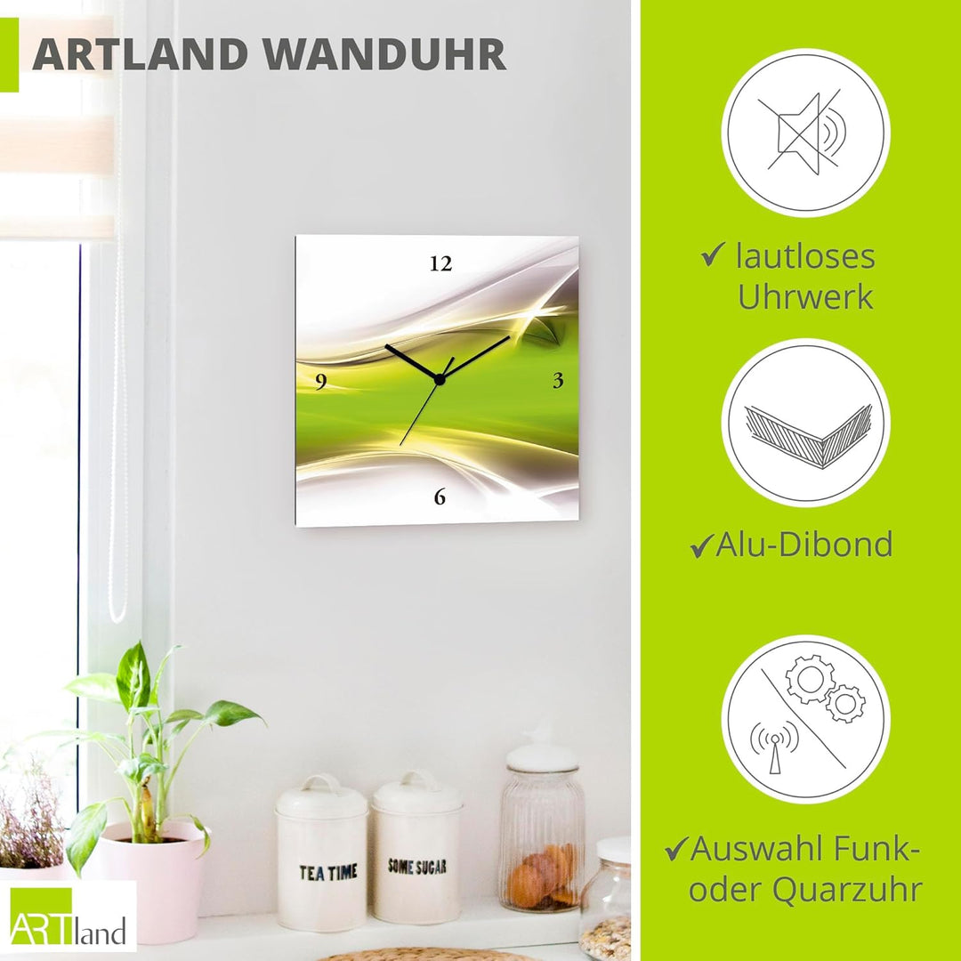 ARTLAND Wanduhr ohne Tickgeräusche Leinwand Quarzuhr 30x30 cm Quadratisch Lautlos Design Abstrakt Ku
