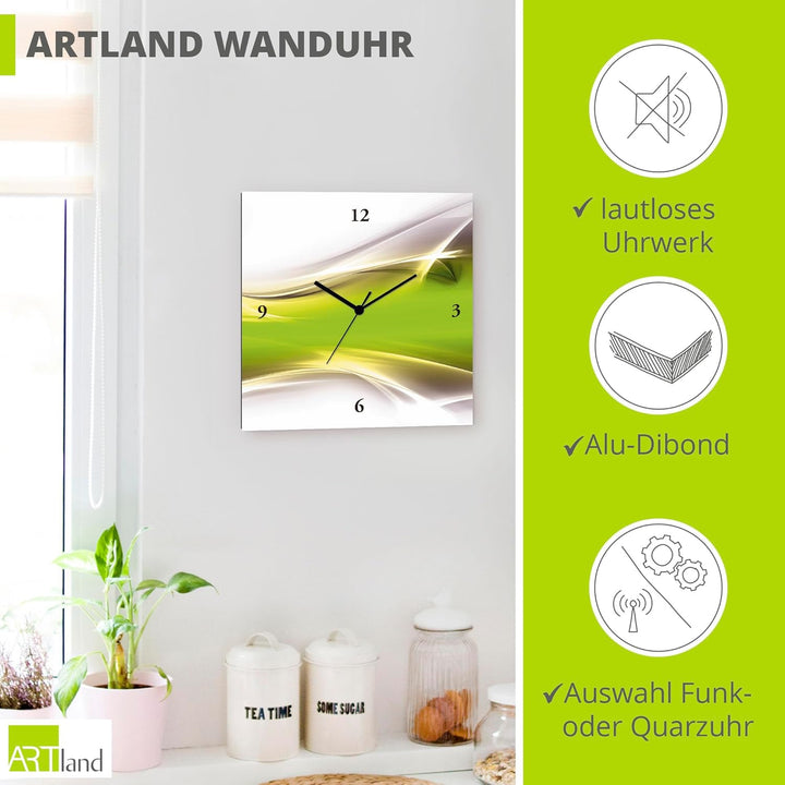 ARTLAND Wanduhr ohne Tickgeräusche Leinwand Quarzuhr 30x30 cm Quadratisch Lautlos Design Abstrakt Ku
