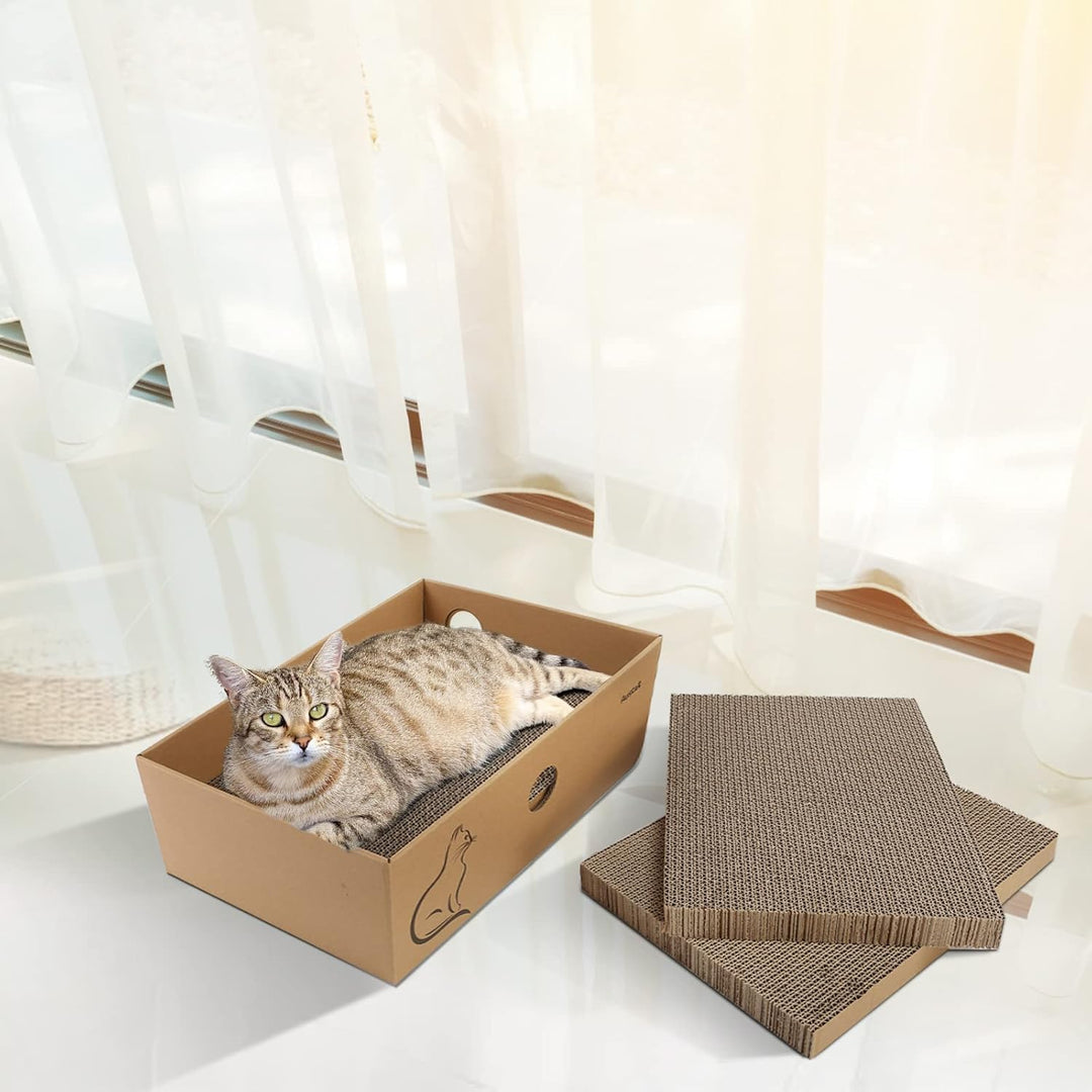 AUSCAT Kratzbrett Katze mit Box, 4 STK. Doppelseitige Kratzpappe für Katzen, Wellpappe Kratzbrett fü
