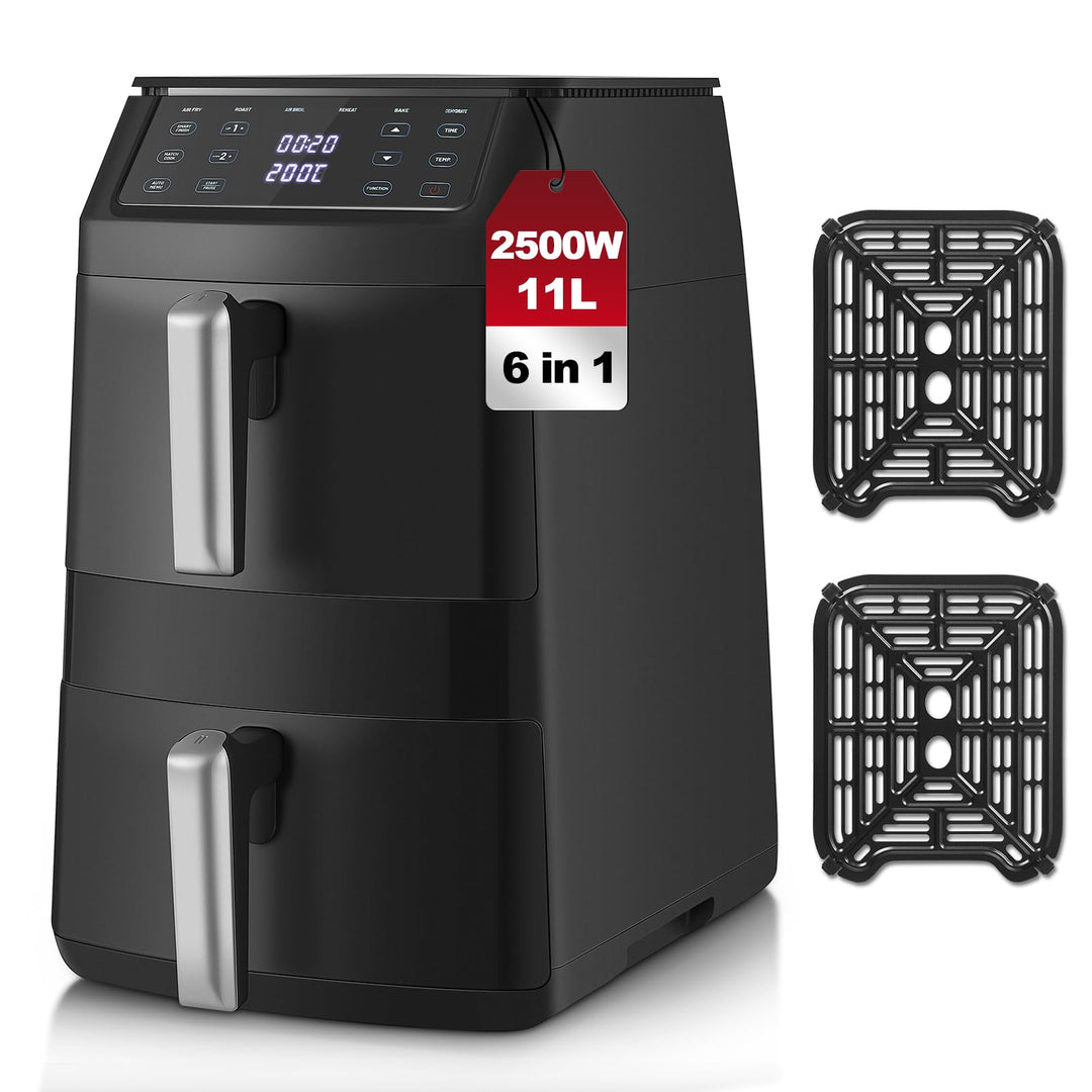 TopStrong Heissluftfritteuse Airfryer 2 Kammern Vertikal 11L Doppelkammer | Platzsparendes Design, 6