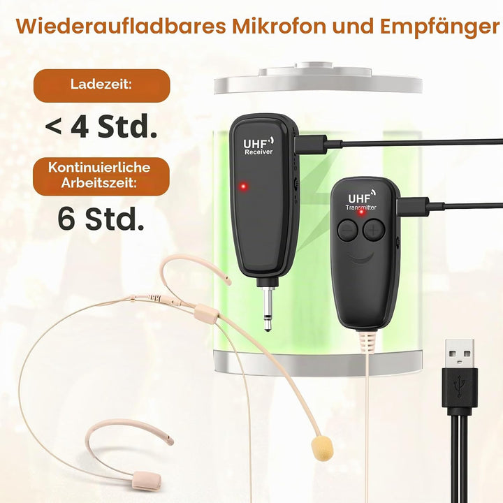 XIAOKOA Kabelloses Headset Mikrofon, UHF Hautton Drahtloses Mikrofon Lautsprechersystem, Beigefarben
