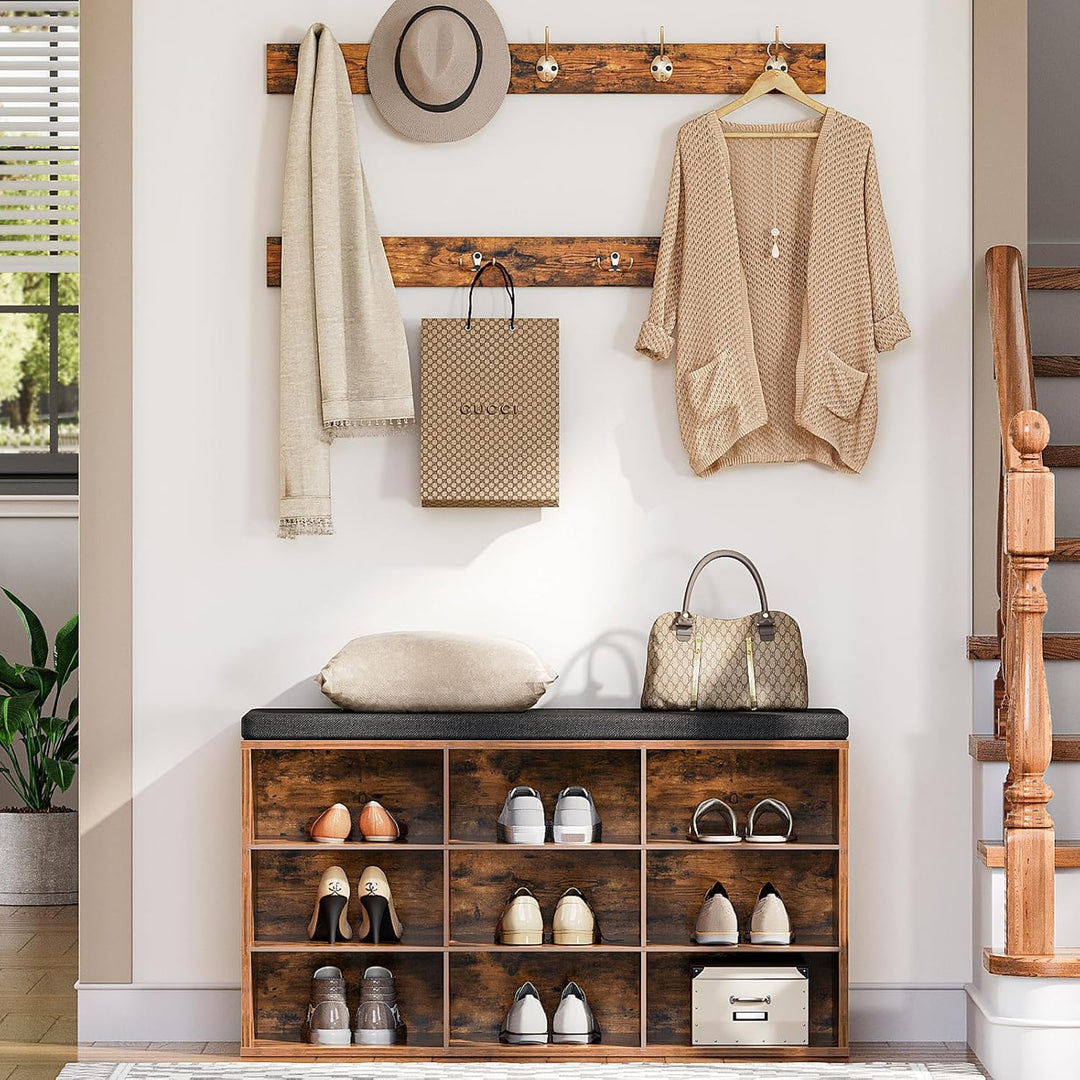 HOOBRO Garderobe Schuhregal Set, Schuhbank mit 9 Fächern, Schuhregal mit gepolsterter Sitzbank, Wand