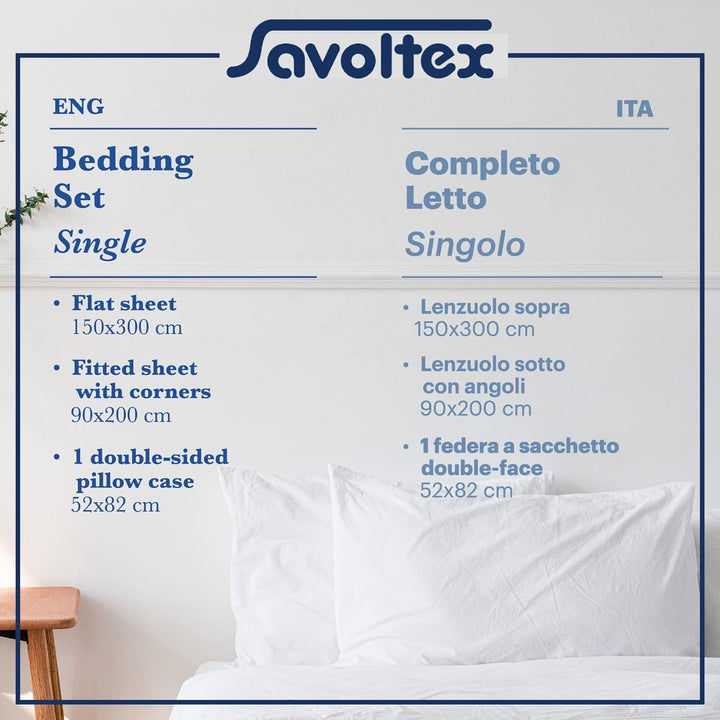 PENSIERI DELICATI Bettwäsche Set Einzelbett 100% Baumwolle, Einzelbett 90x200 Inklusive Bodenblech,