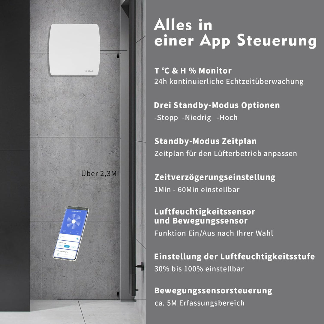 Nova100 100mm Smart WiFi Badlüfter mit Luftfeuchtigkeitssensor, Bewegungsensor und Nachlaufzeit zur