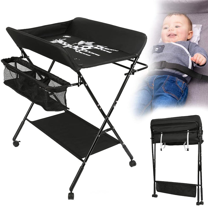 Baby Wickelkombi - klappbare Wickelkommode, mobiler Wickeltisch mit Wickelauflage, Sicherheitsgurt u