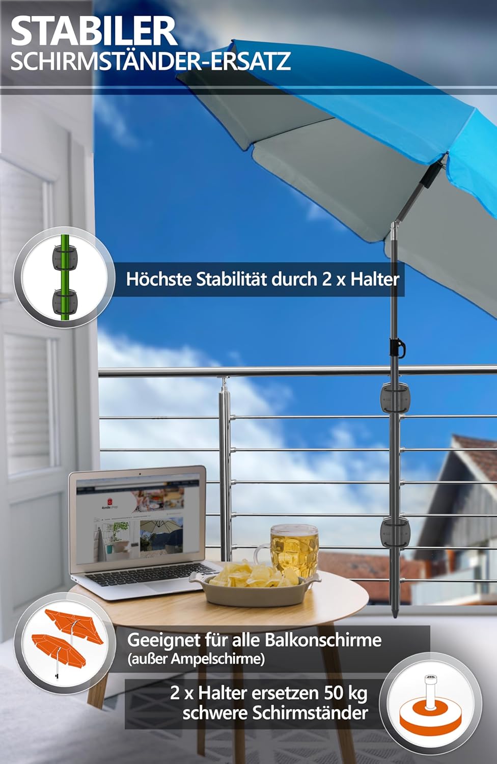 4smile Sonnenschirm Balkon SunnyJoy im 4er-Set - UPF 50+ Balkon Schirm + 2 x Sonnenschirmhalter Balk