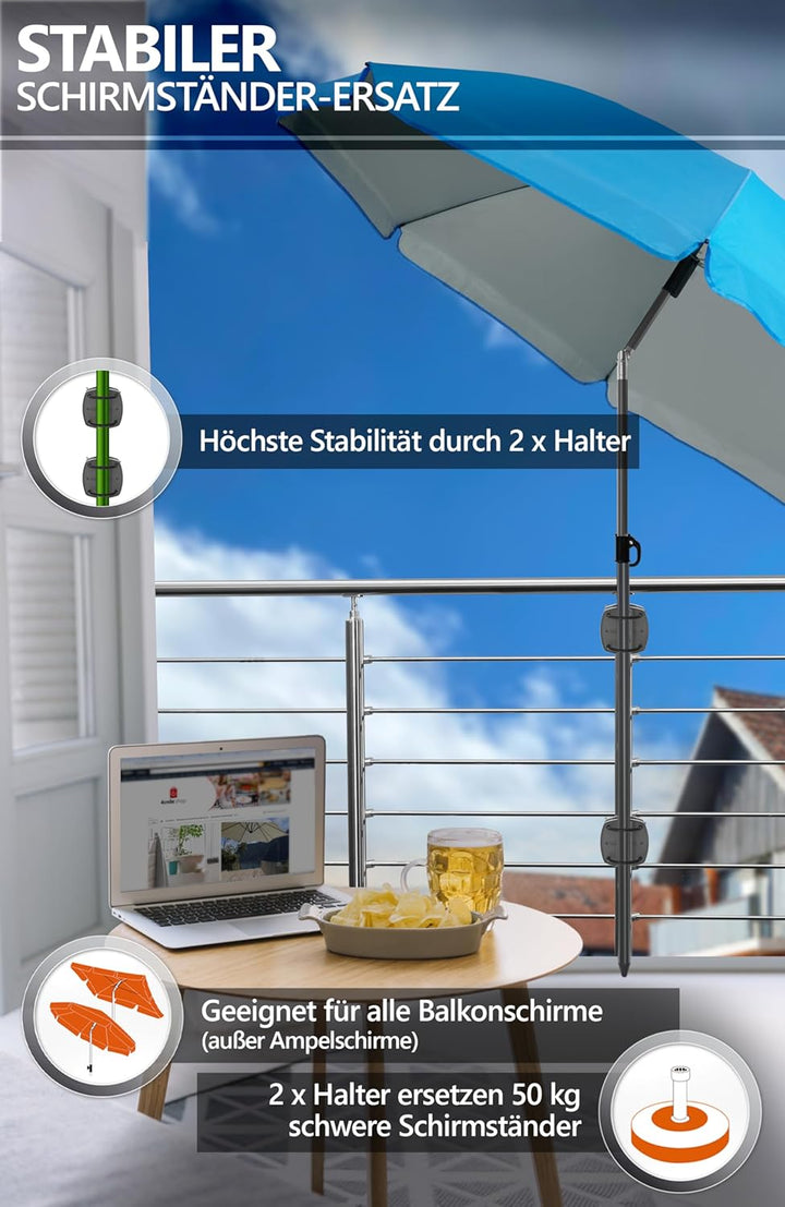 4smile Sonnenschirm Balkon SunnyJoy im 4er-Set - UPF 50+ Balkon Schirm + 2 x Sonnenschirmhalter Balk