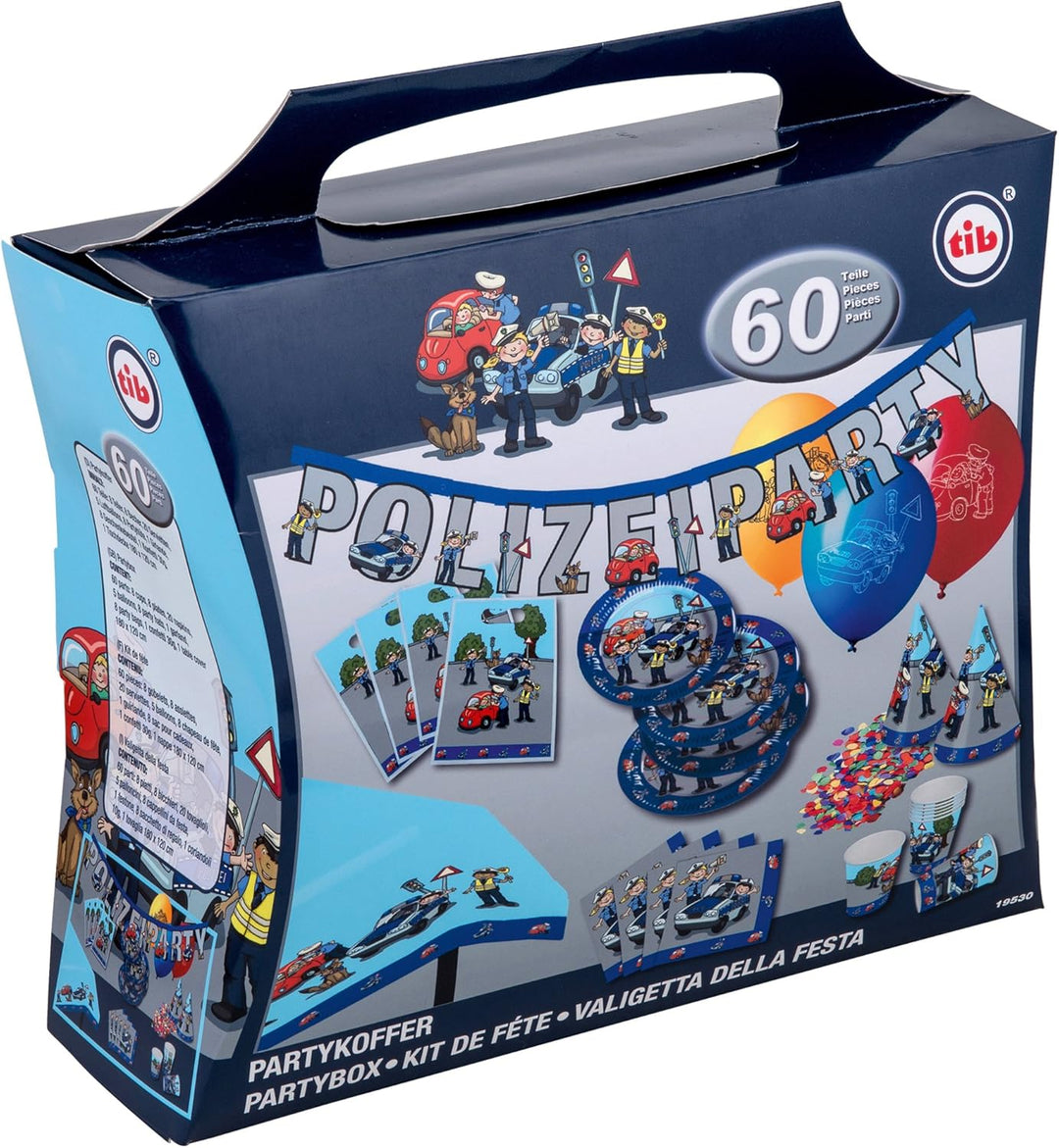 TIB Heyne 19530 - Partykoffer Polizei, 62 Teile, Partygeschirr und Dekoration, Kindergeburtstag