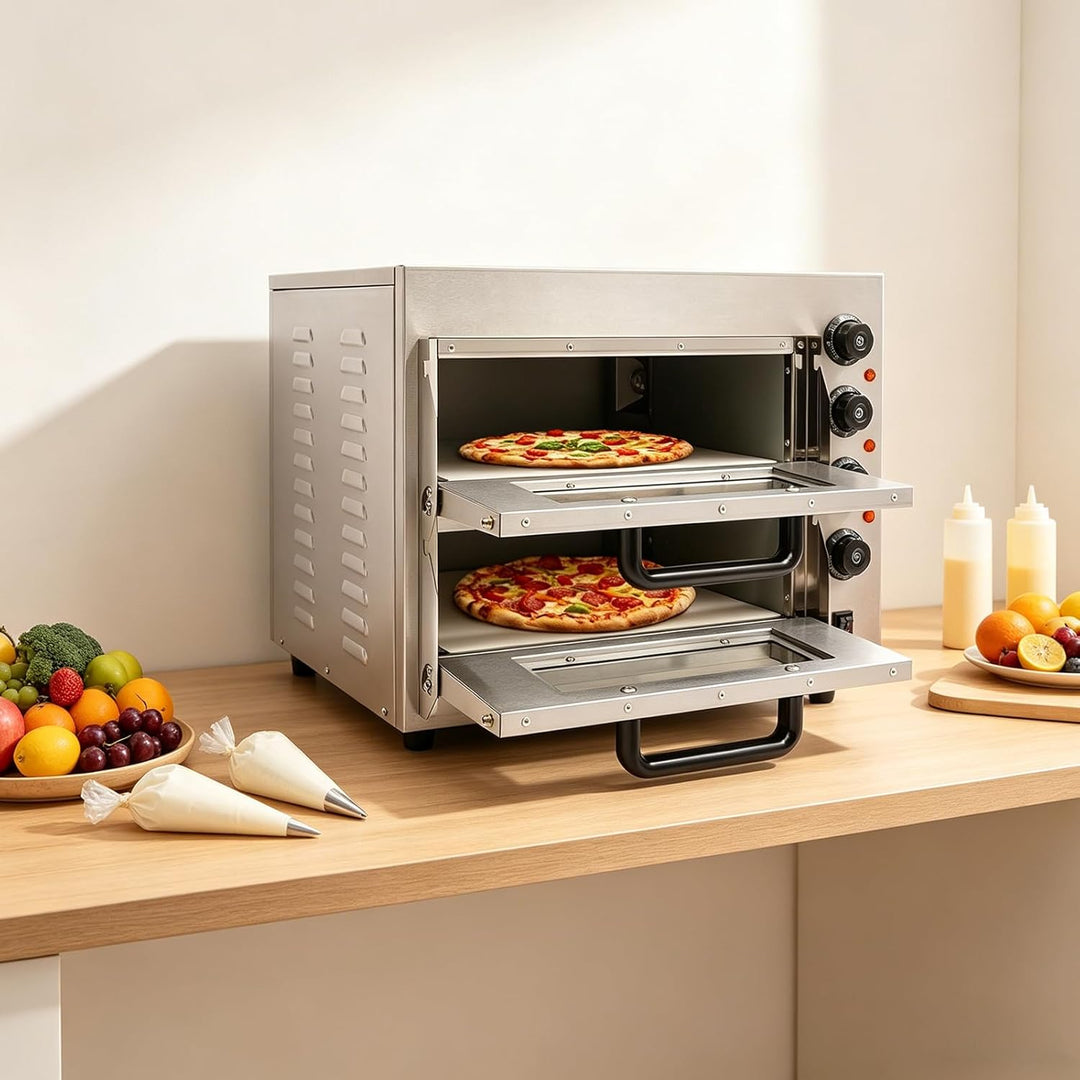 Doppelstock Pizzaofen aus Edelstahl, 3000W Pizzaofen, Elektrisch Pizzabackofen, Mehrzweck-Pizzamaker