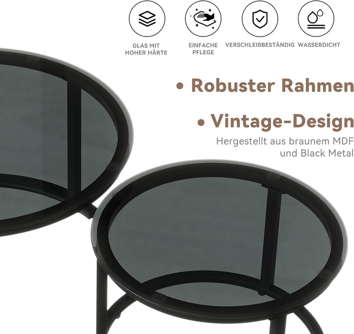 Hawthyhome 2 Stücke Beistelltisch Set rund, Couchtisch aus Glas mit Metallrahmen,Moderne Kaffeetisch