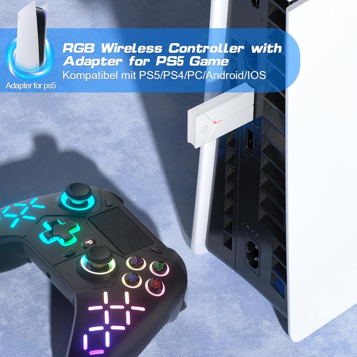 Bonacell RGB Wireless Controller für Ps5/PC/P4, Motor-Vibration/6-Achsen-Sensor/Turbo/3,5-mm-Audiobu