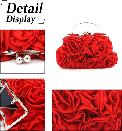 CORIOS Damen Elegante Abendtasche Blumen Clutch Tasche Handtasche mit Kette Kiss Lock Mini Rose Schu