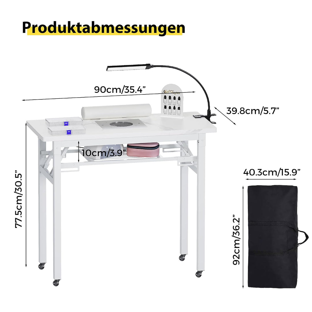Tragbarer Nageltisch mit Staubabsaugung und LED-Lampe, Klappbarer Manikürtisch mit Tragetasche, Hand