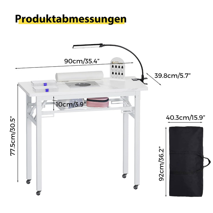 Tragbarer Nageltisch mit Staubabsaugung und LED-Lampe, Klappbarer Manikürtisch mit Tragetasche, Hand