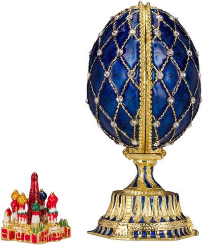 Danila-Souvenirs Fabergé-Stil Ei mit Basilius-Kathedrale 12 cm blau