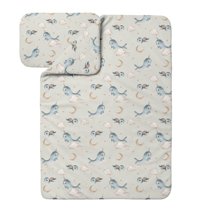 Waldin Baby Kinder Bettwäscheset 100% Bambus, ohne Bezug, Hypoallergen, Decke und Kissen, Wale/Olive