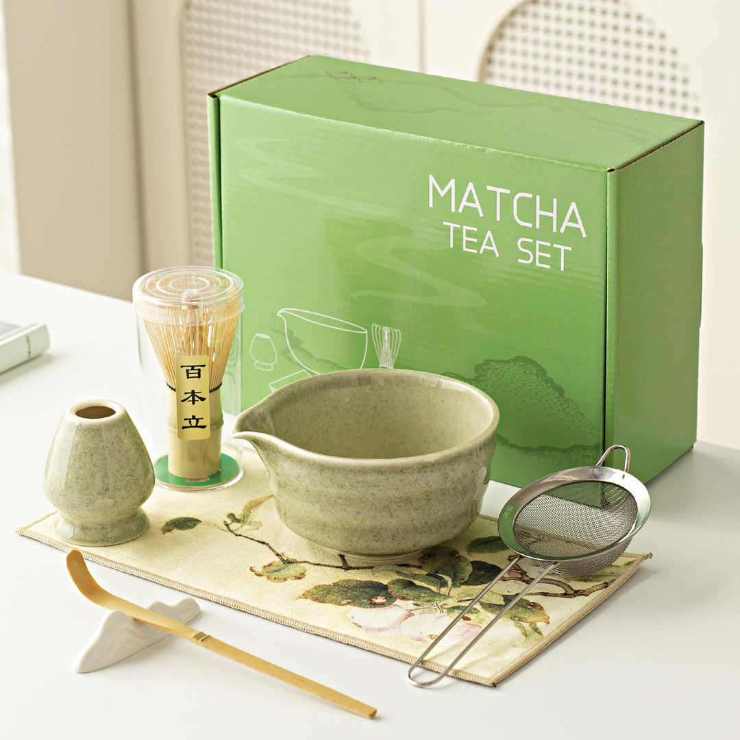Matcha Set, Traditionelles Matcha Tee Zeremonie Set, 7 Teile - Inklusive Matcha Schale mit Ausguss,