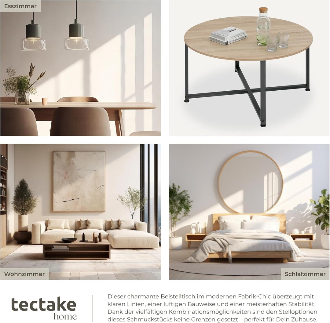 tectake® Couchtisch rund Holz und Metall, Beistelltisch rund, runder Tisch Wohnzimmer, Sofatisch, Wo