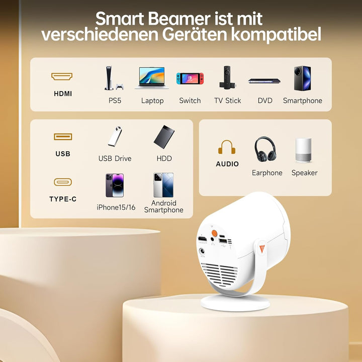 Mini Beamer, 4K Decoding Full HD 1080P, Auto-Keystone Electric Focus, Wi-Fi 6 & Bluetooth 5.0, Wi-Fi