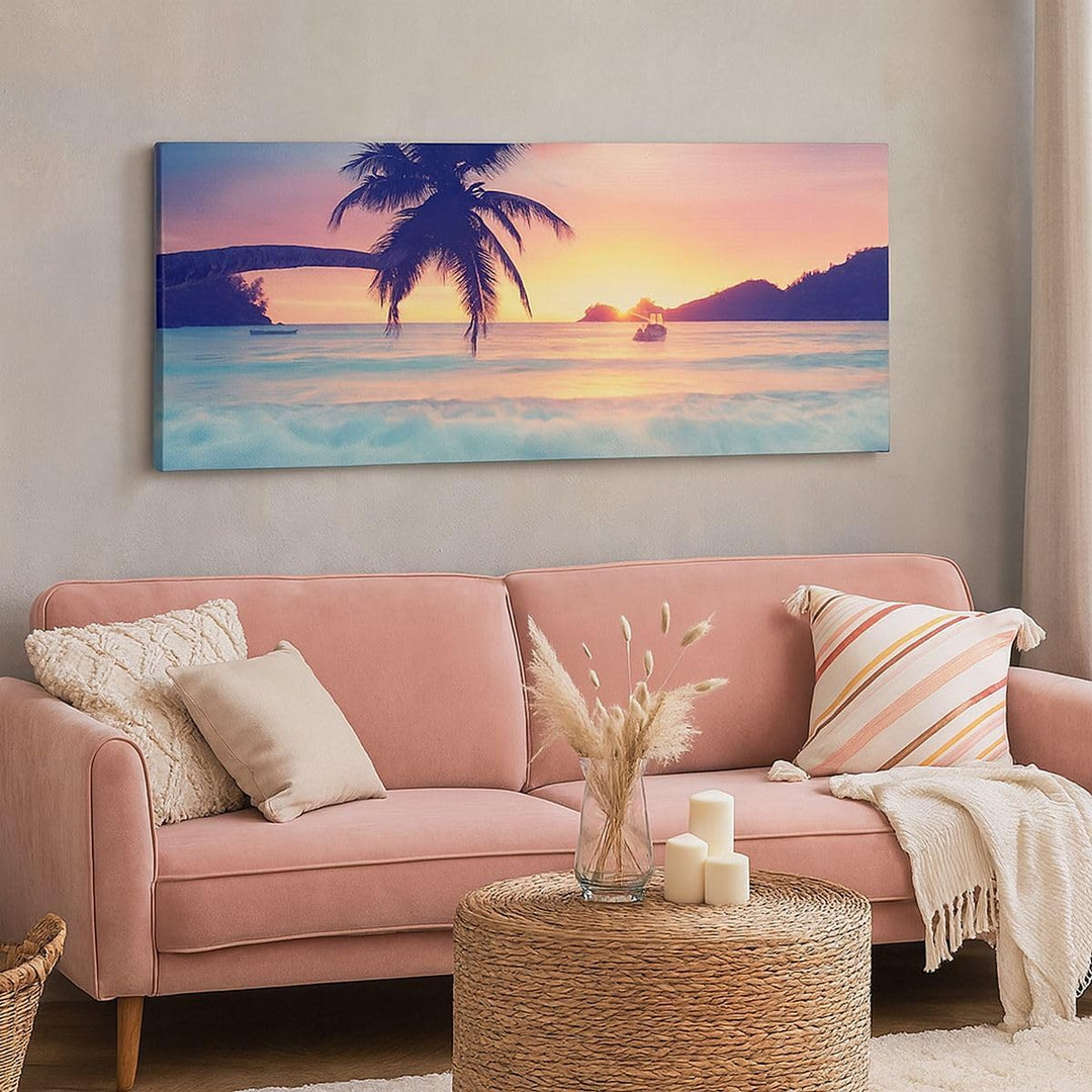 Wandbilder Dekoration Wohnzimmer Meer Strand Palme Panorama Bilder auf Leinwand 120x50cm Leinwandbil