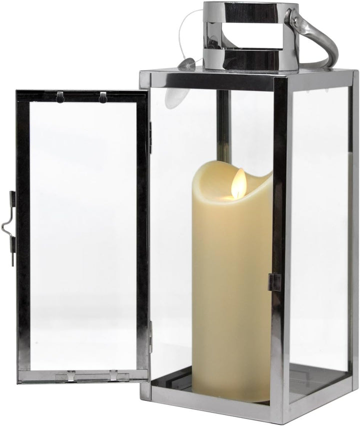 Dekovita Edelstahl-Laterne - 30cm Gartenlaterne inkl. 18cm Outdoor LED Kerze in Creme-Weiss mit Time