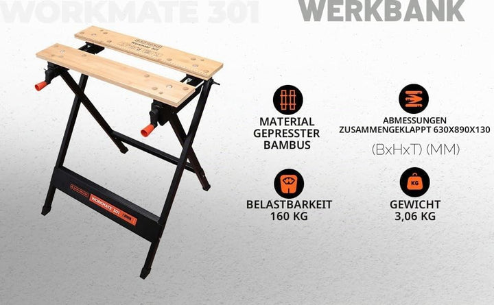 Black+Decker tragbare Werkbank WM301 (freistehend, Abmessung der Arbeitsplatte: 610x250 mm, max. Tra
