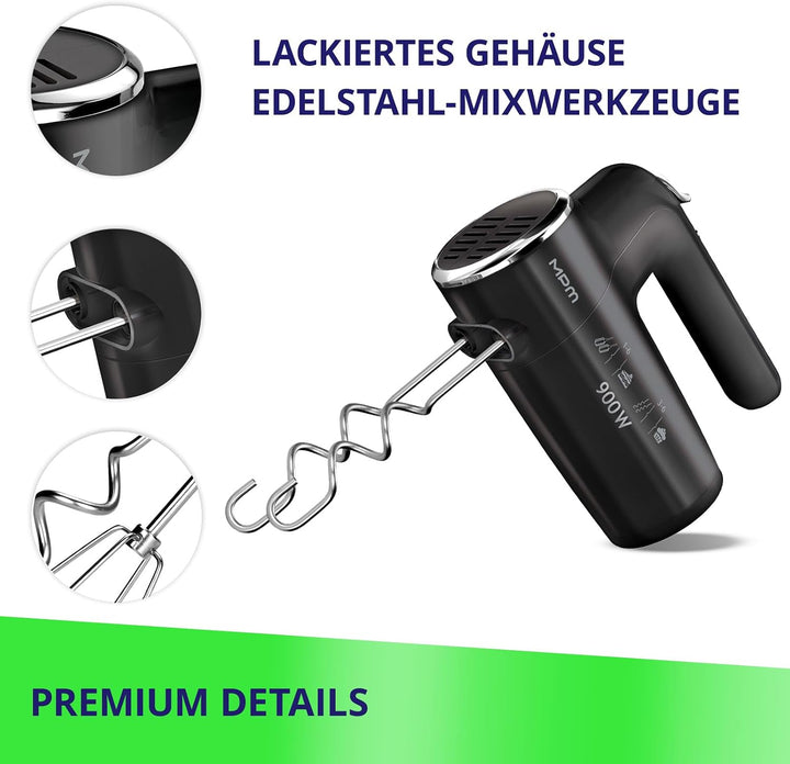 MPM Handmixer mit 2 Rührbesen und 2 Knethaken - 6 Geschwindigkeiten mit Turbotaste - 900 W - Anthraz